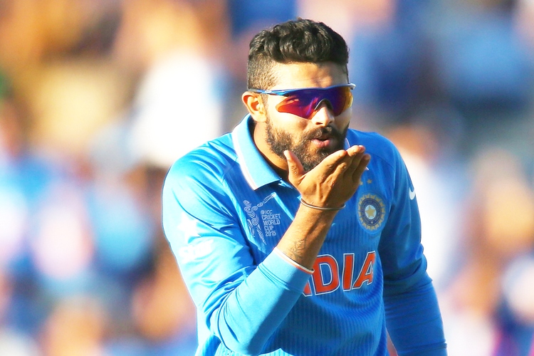 PERTH, AUSTRALIA - MARCH 06: Ravindra Jadeja of India blows a kiss after dismissing Jason Holder of the West Indies during the 2015 ICC Cricket World Cup match between India and the West Indies at WACA on March 6, 2015 in Perth, Australia. (Photo by Paul Kane/Getty Images)