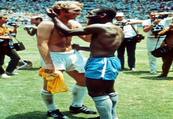 Pele and British captain Bobby Moore trade jerseys in 1970 as a sign of mutual respect during a World Cup that had been marred by racism