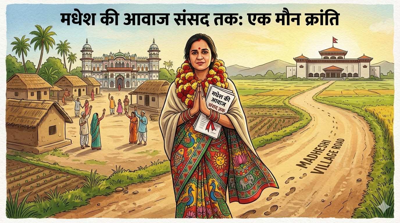 Gauri Kumari Yadav MP walking from a Madheshi village toward Nepal Parliament, wearing Mithila art saree
