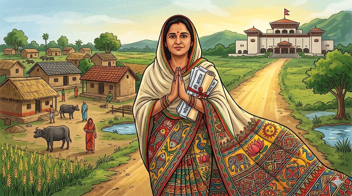 Gauri Kumari Yadav MP walking from a Madheshi village toward Nepal Parliament, wearing Mithila art saree